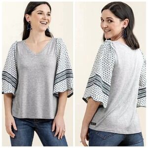 Matilda Jane Womens Top Size M Gray V-Neck Flutter Sleeve Floral Print Bohemian‎